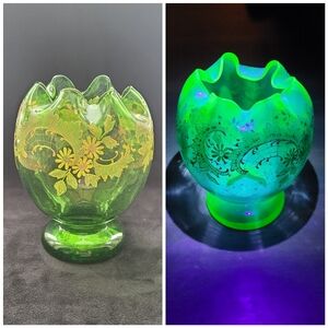 Antique Uranium Bohemian Handpainted Pedestal Rose Bowl